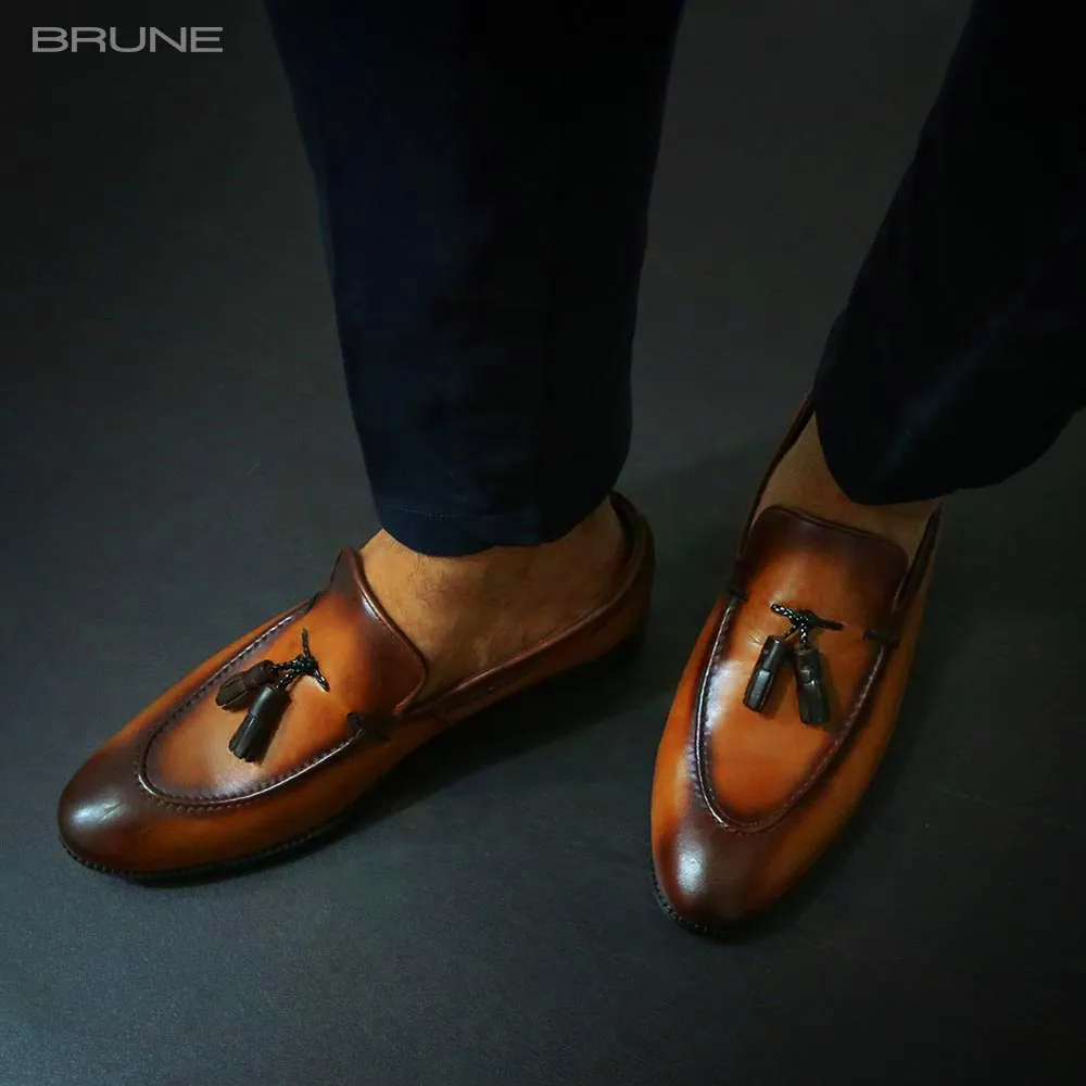 Tan Genuine Leather Loafers with Side Lacing Tassel By Brune & Bareskin