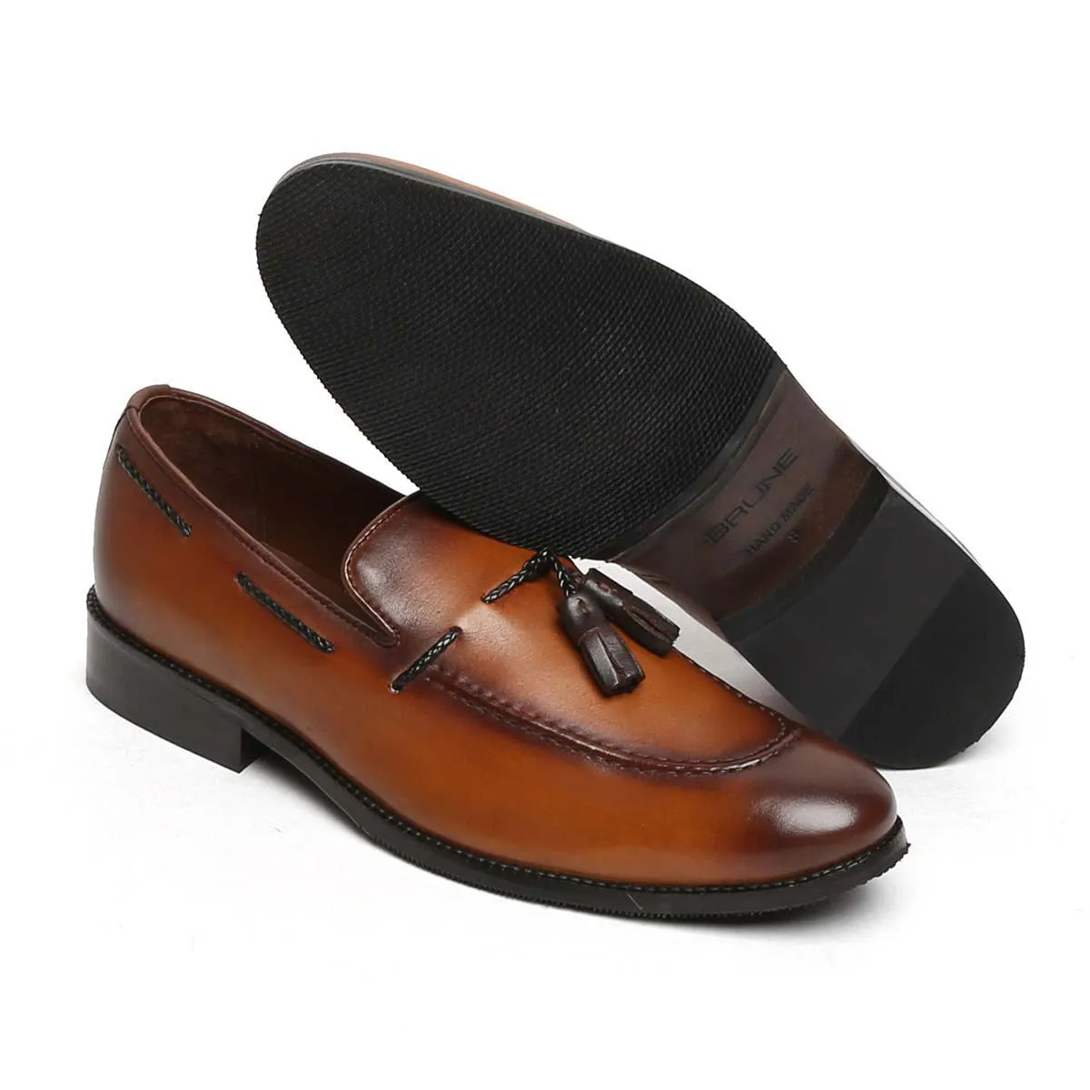 Tan Genuine Leather Loafers with Side Lacing Tassel By Brune & Bareskin