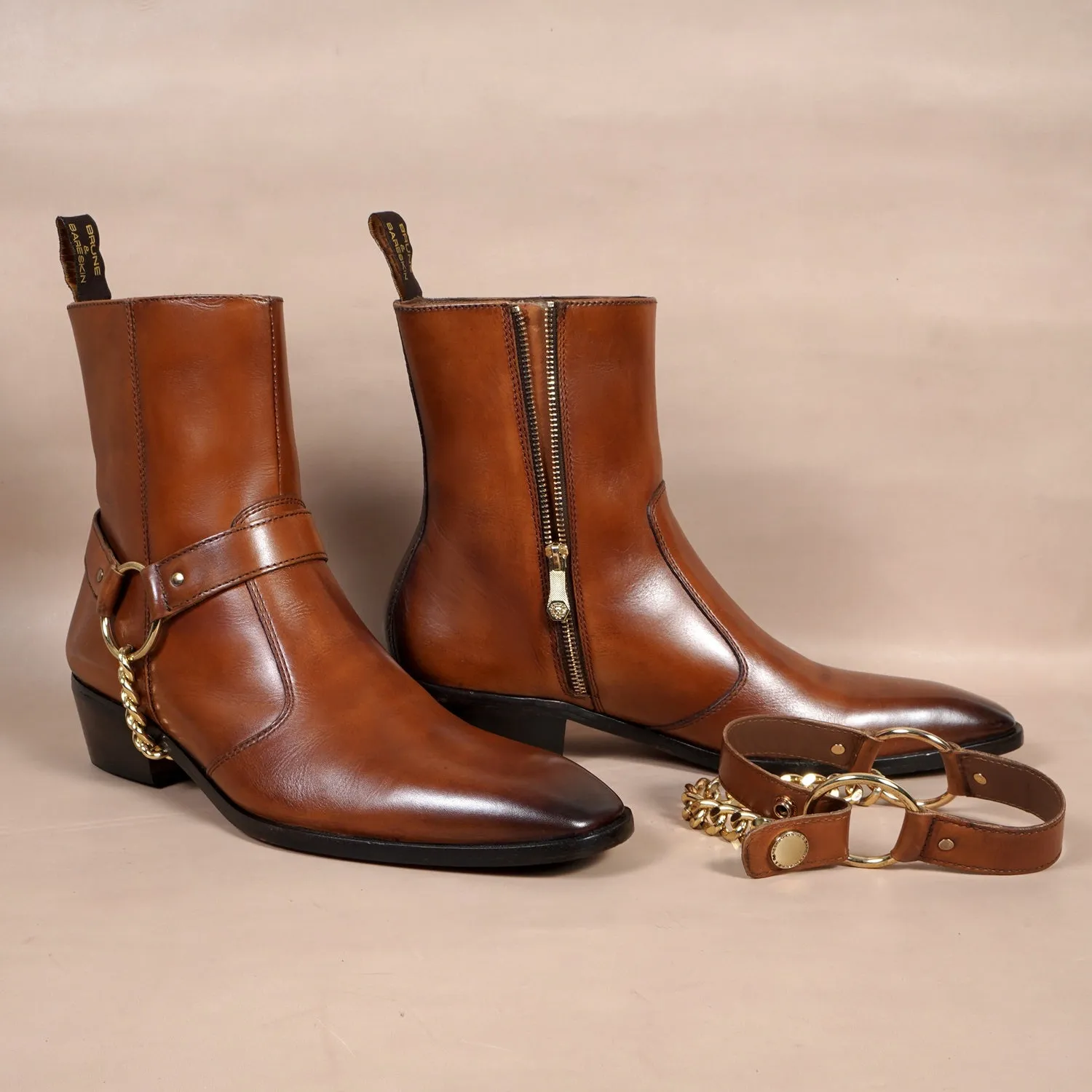 Tan Hybrid Chain Boots in Genuine Leather