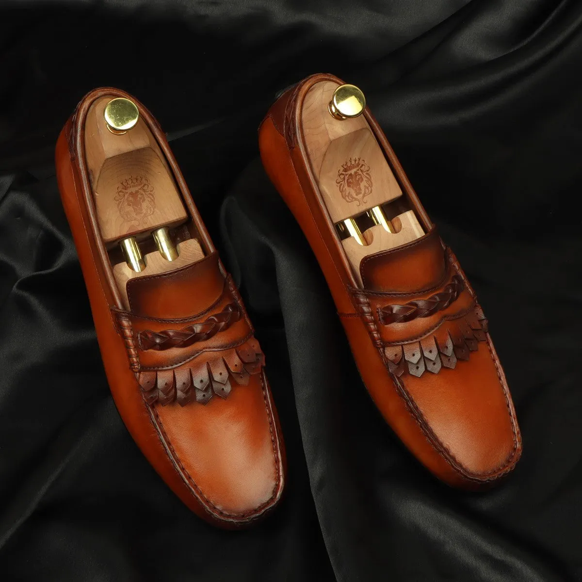 Tan Leather Dual Fringes Weaved Strip Penny Loafers by Brune & Bareskin