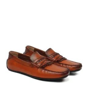 Tan Leather Dual Fringes Weaved Strip Penny Loafers by Brune & Bareskin