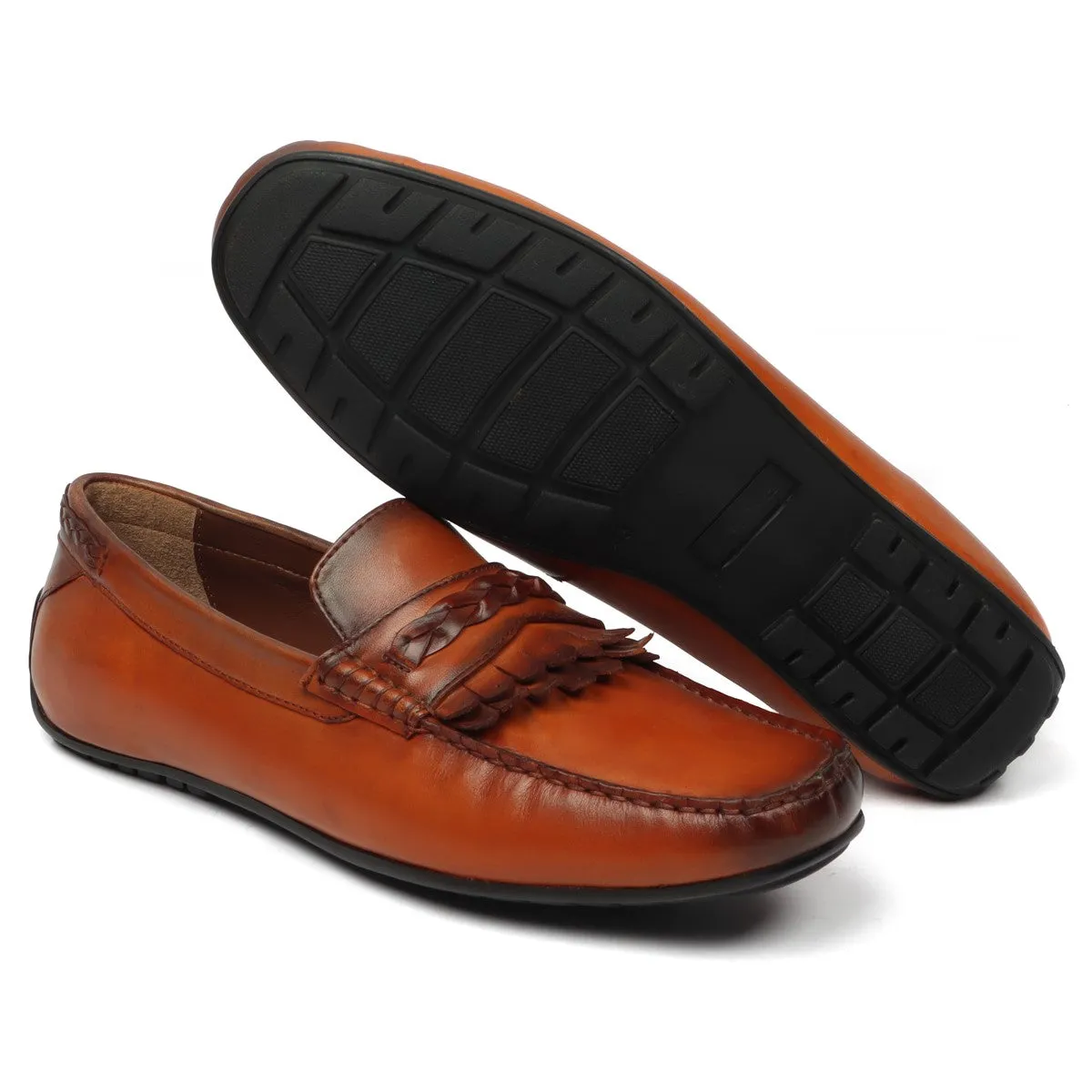 Tan Leather Dual Fringes Weaved Strip Penny Loafers by Brune & Bareskin