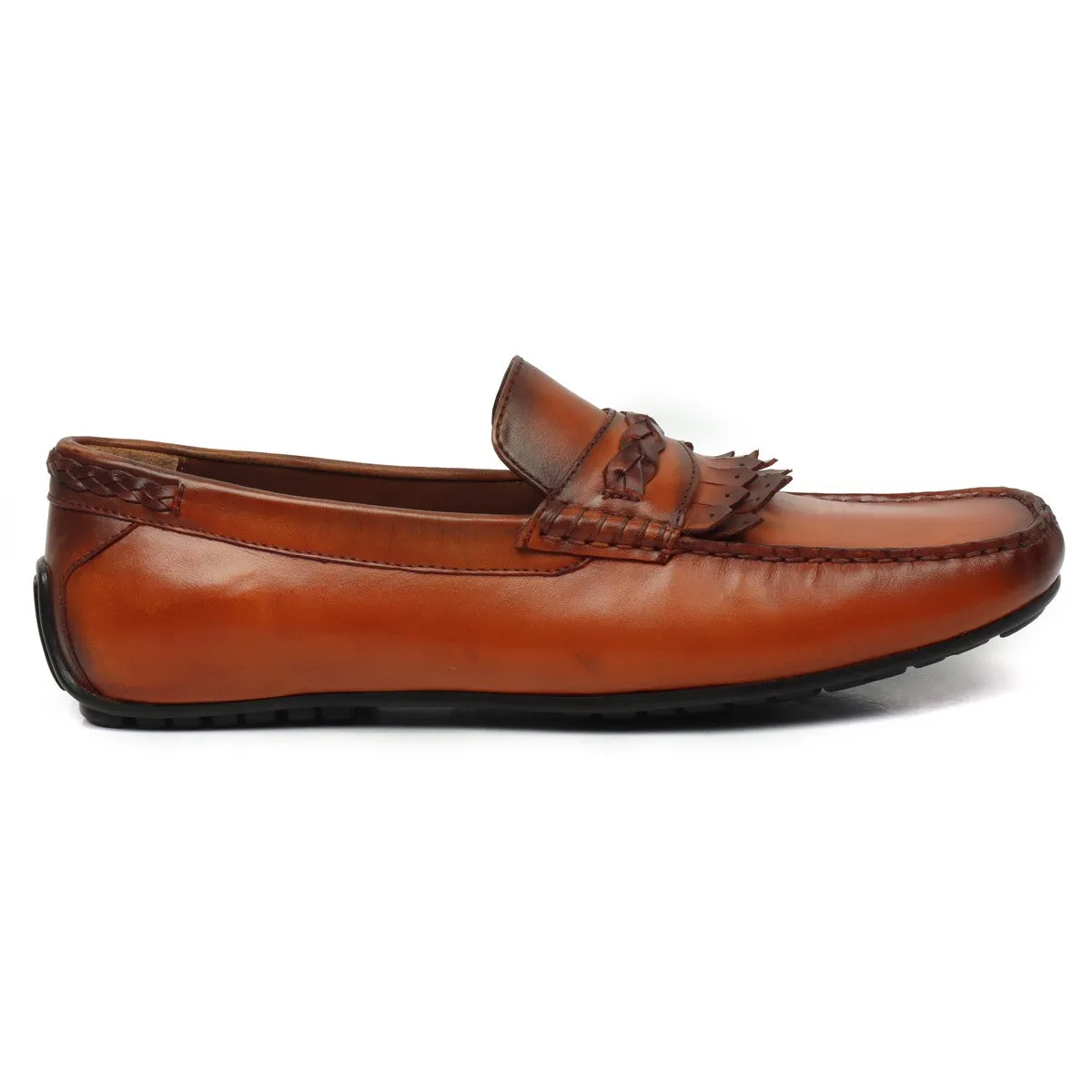 Tan Leather Dual Fringes Weaved Strip Penny Loafers by Brune & Bareskin