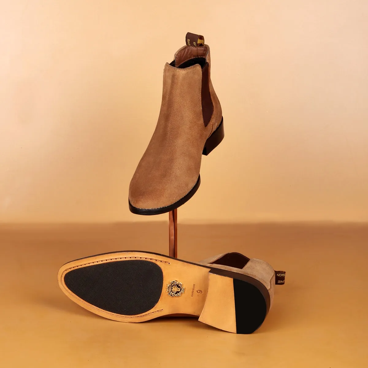 Tan Suede Leather Chelsea Boots with Leather Sole