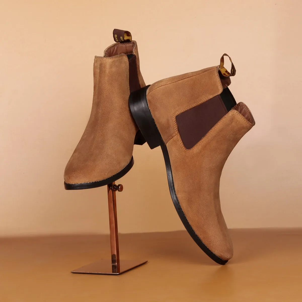 Tan Suede Leather Chelsea Boots with Leather Sole