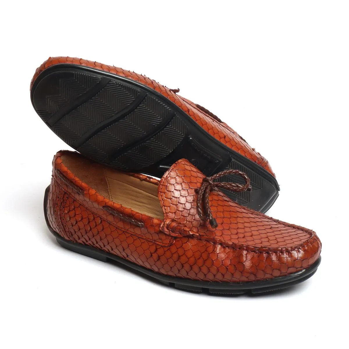 Tassel Bow Loafers Tan Snake Scales Textured Leather