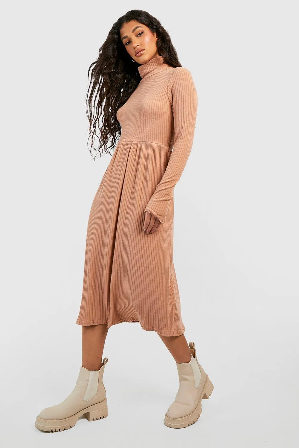 Turtleneck Long Sleeve Soft Rib Midi Dress