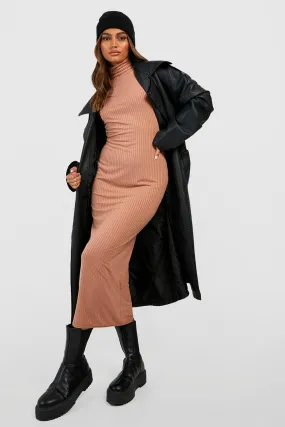 Turtleneck Rib Long Sleeve Midi Dress