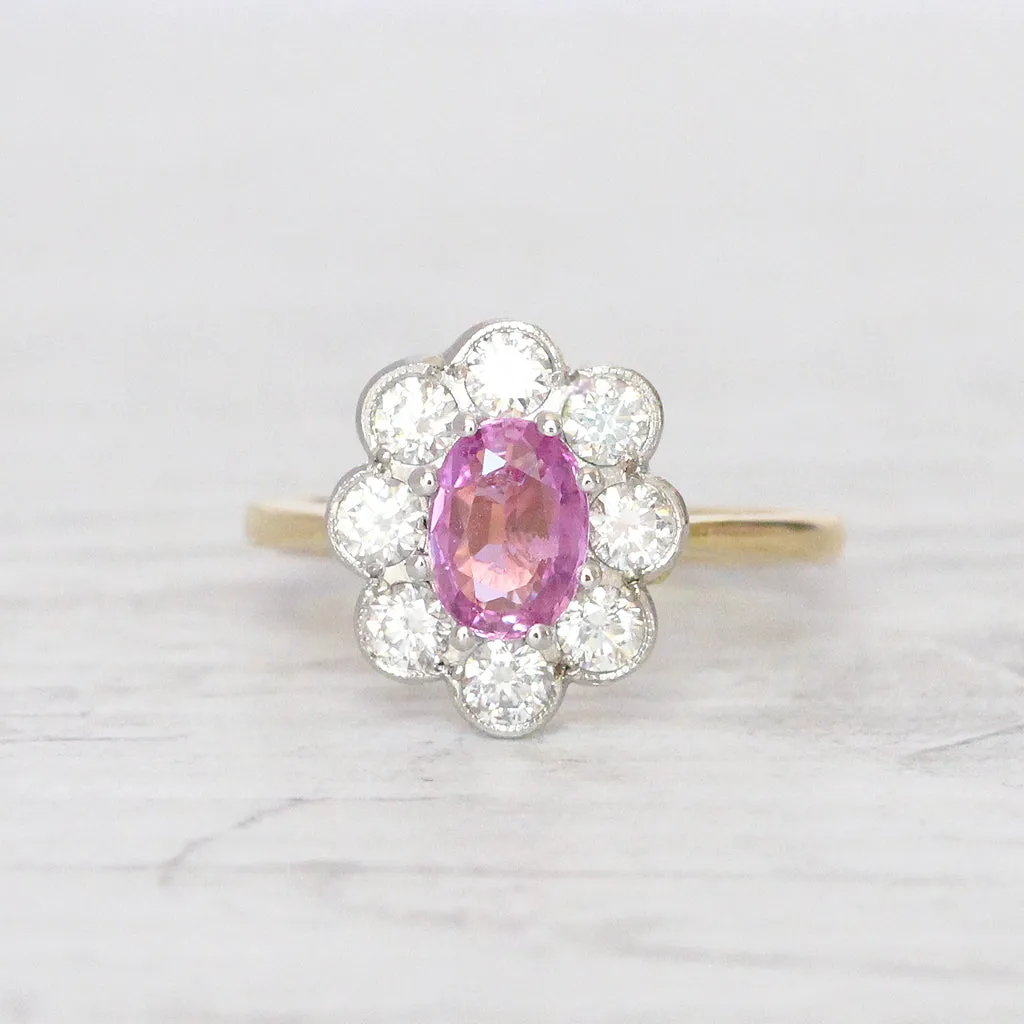 Vintage Style 1 Carat Pink Sapphire and Brilliant Cut Diamond Cluster