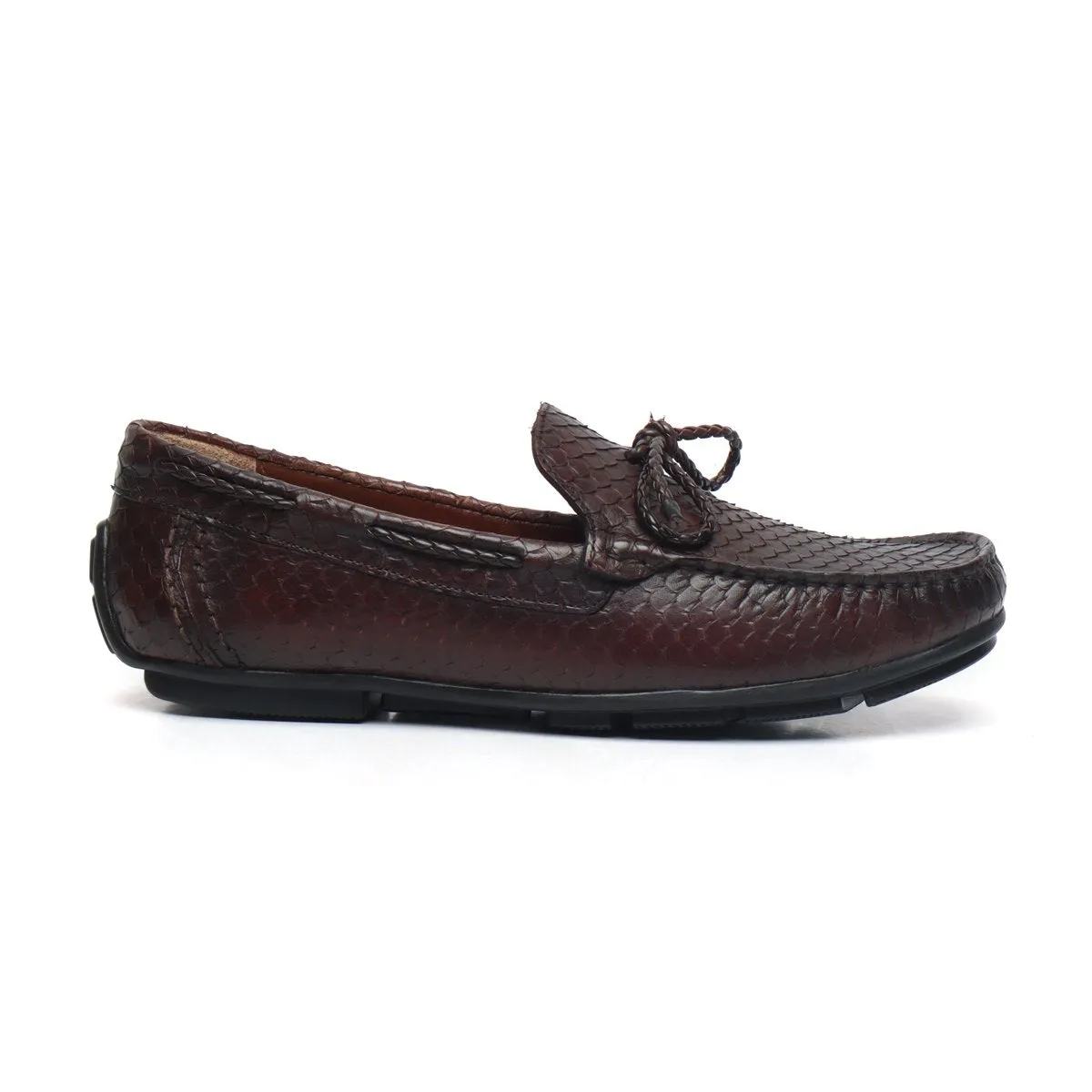 Weaved Tassel Bow Loafers in Dark Brown Snake Scales Textured Leather