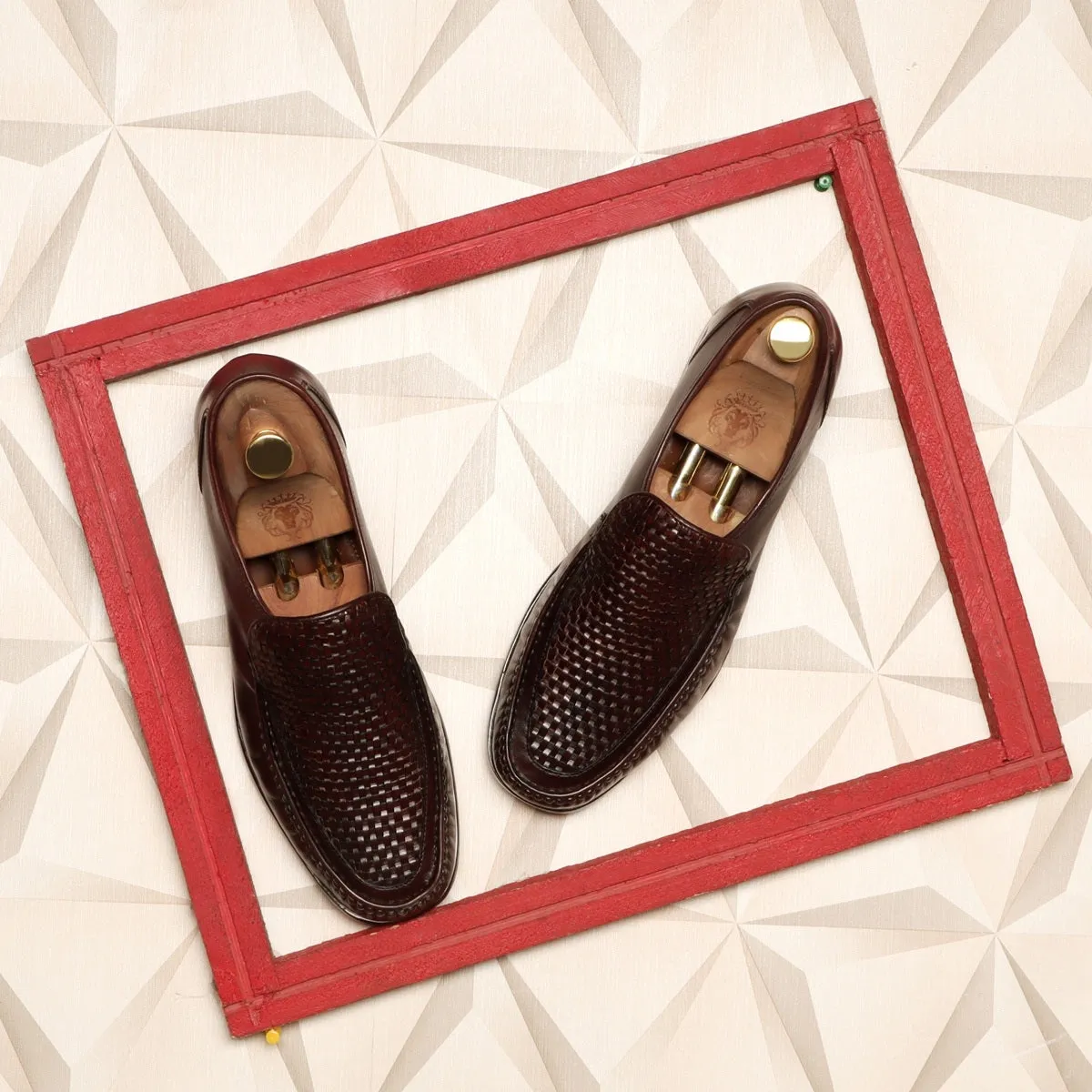 Weaved Vamp Leather Loafers in Dark Brown with Leather Sole