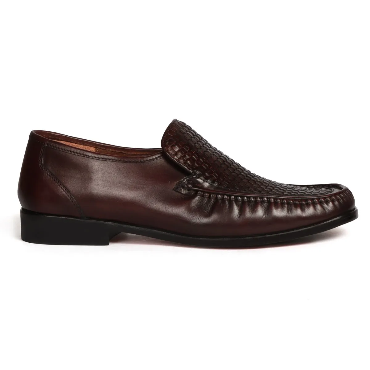 Weaved Vamp Leather Loafers in Dark Brown with Leather Sole