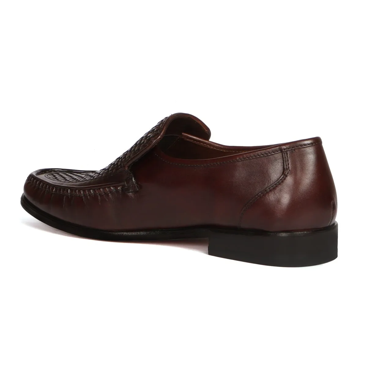 Weaved Vamp Leather Loafers in Dark Brown with Leather Sole