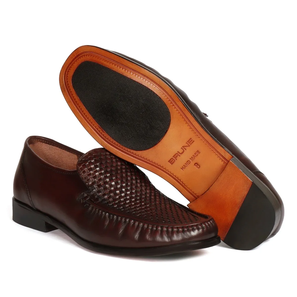 Weaved Vamp Leather Loafers in Dark Brown with Leather Sole