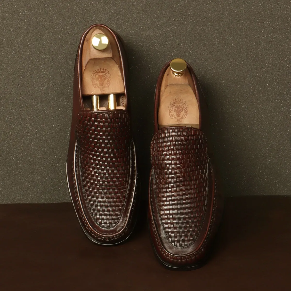 Weaved Vamp Leather Loafers in Dark Brown with Leather Sole