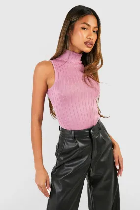 Wide Rib Knit Turtleneck Sleeveless Bodysuit