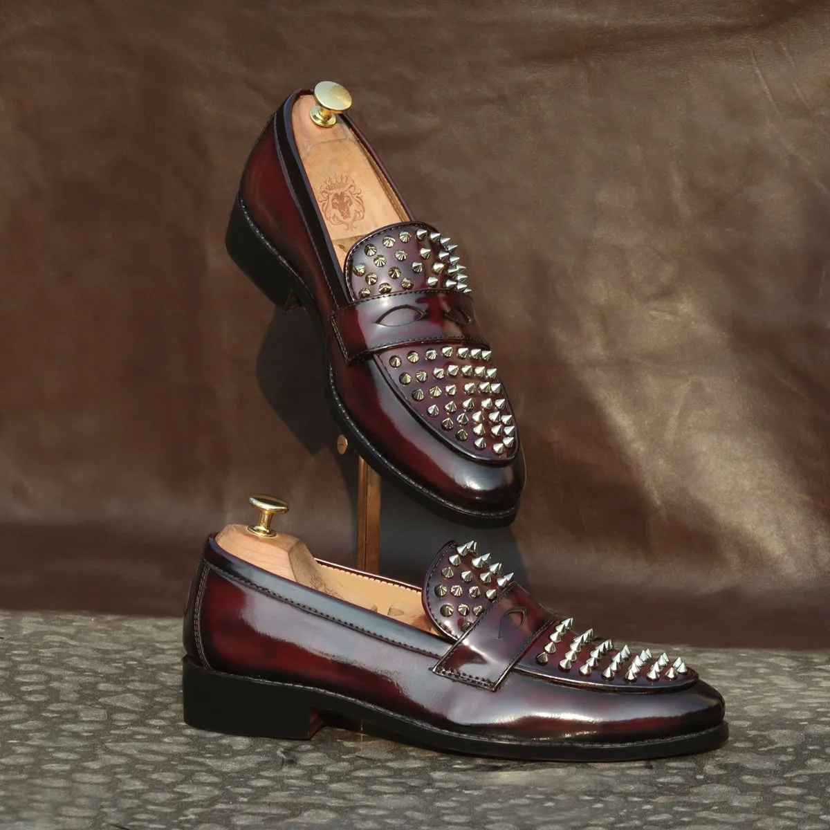 Wine Brush Off  Penny Loafers with Studded Toe Patent Leather