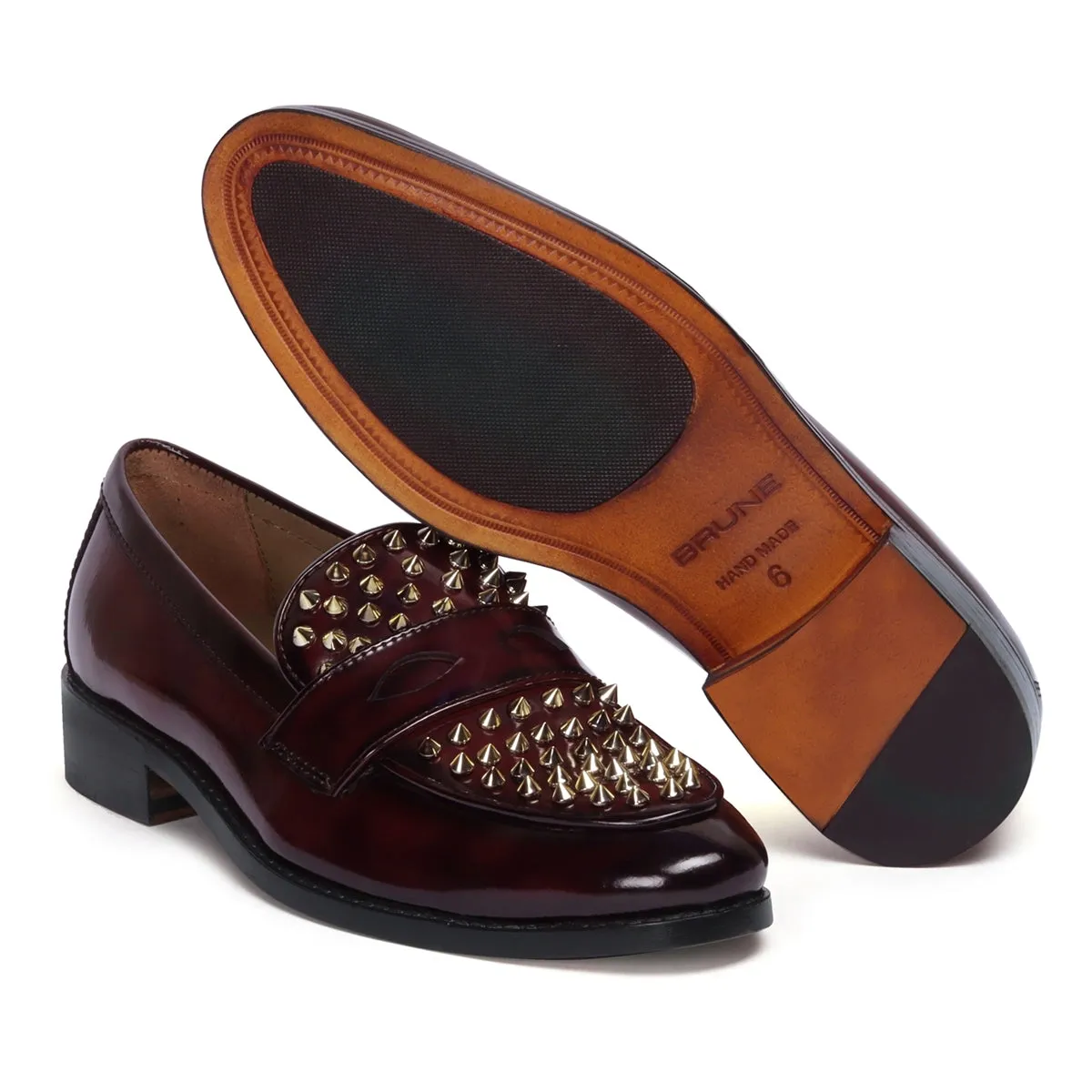 Wine Brush Off  Penny Loafers with Studded Toe Patent Leather