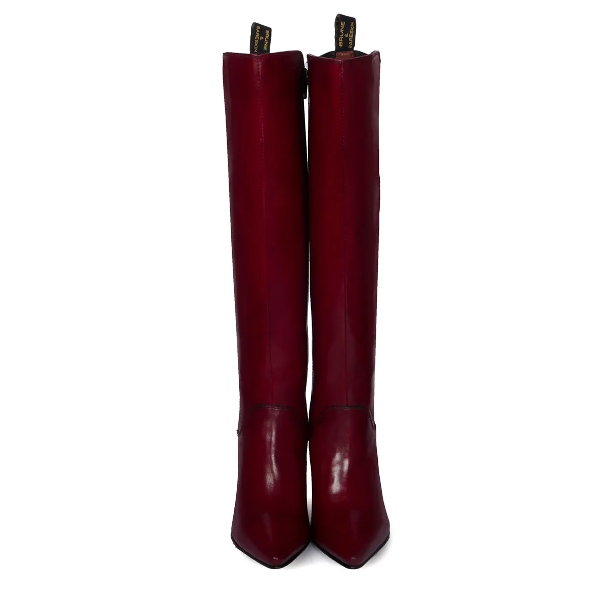 Wine Comfort And Adjustable Elastic Pointed Toe Knee Heights Leather Ladies Stiletto Pencil Heel Boots by Brune & Bareskin