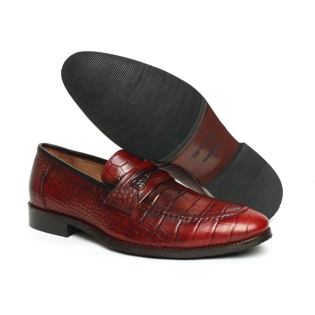 Wine Croco Print Leather Mod Look Loafers by Brune & Bareskin