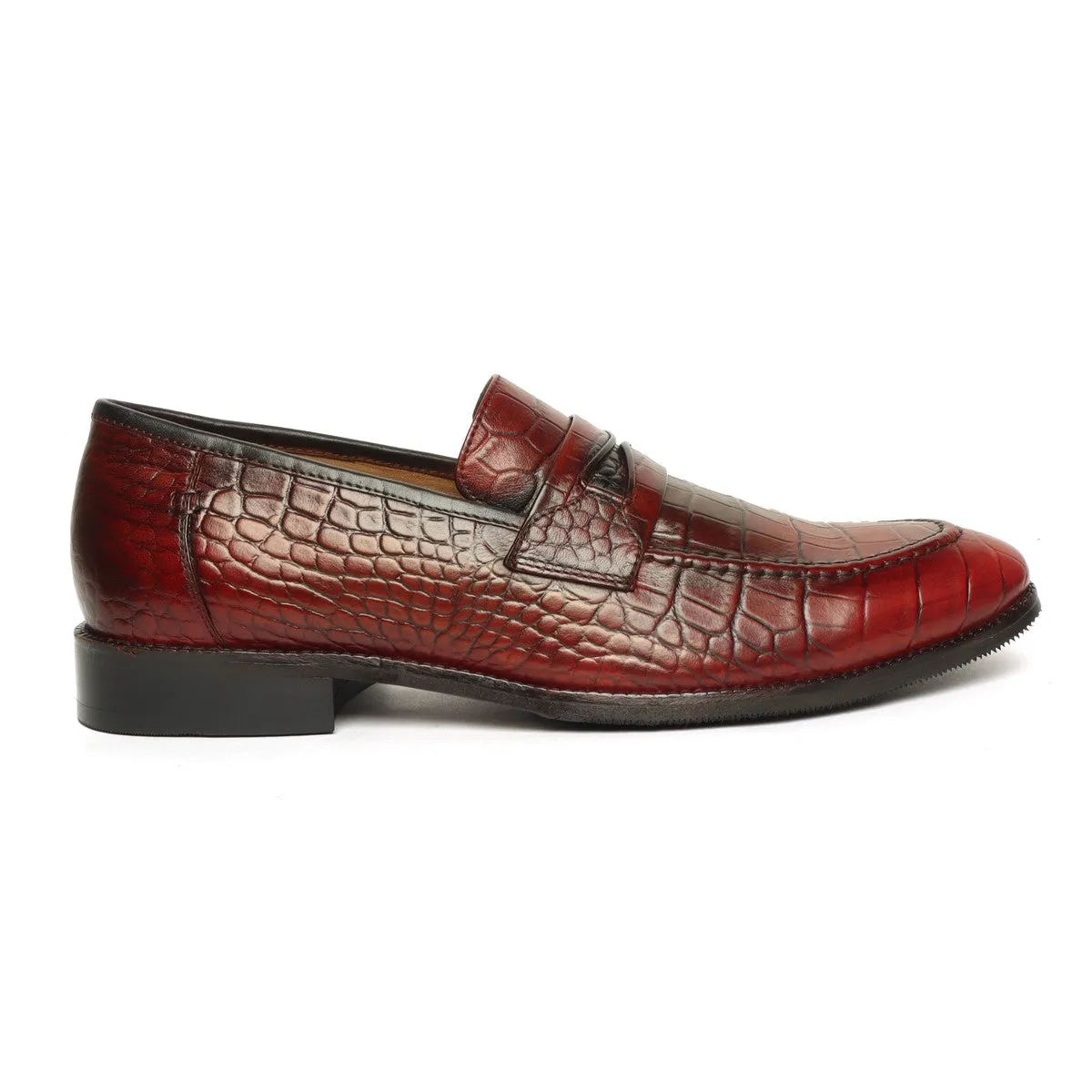 Wine Croco Print Leather Mod Look Loafers by Brune & Bareskin