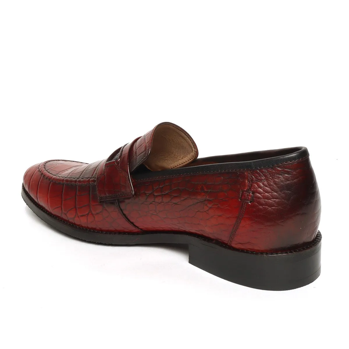 Wine Croco Print Leather Mod Look Loafers by Brune & Bareskin