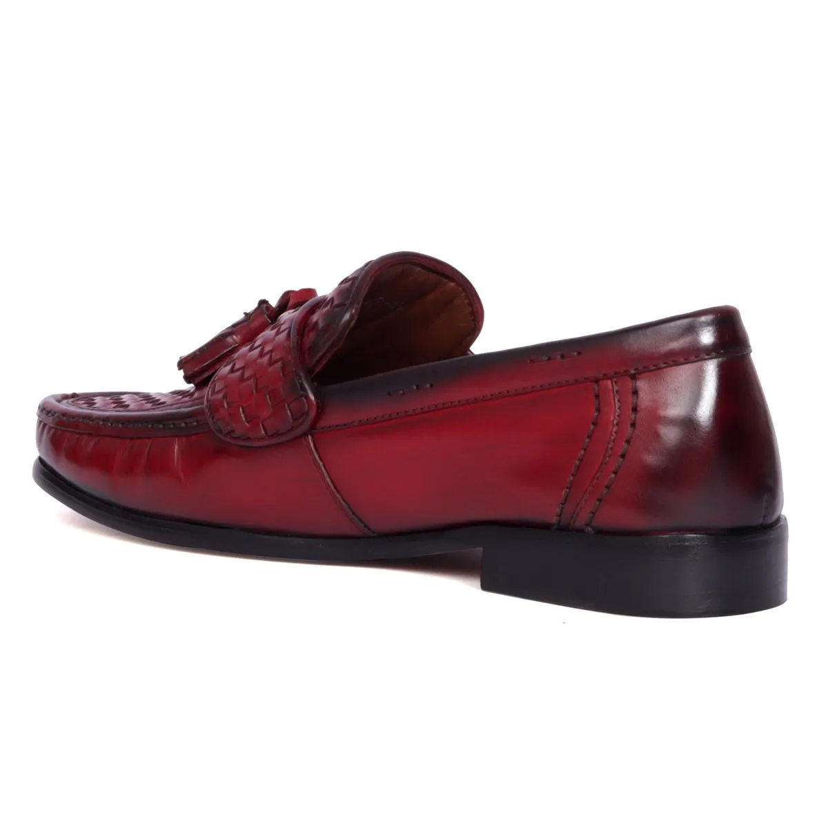 Wine Leather Loafers with Weaved Vamp & Tassel With Leather Sole