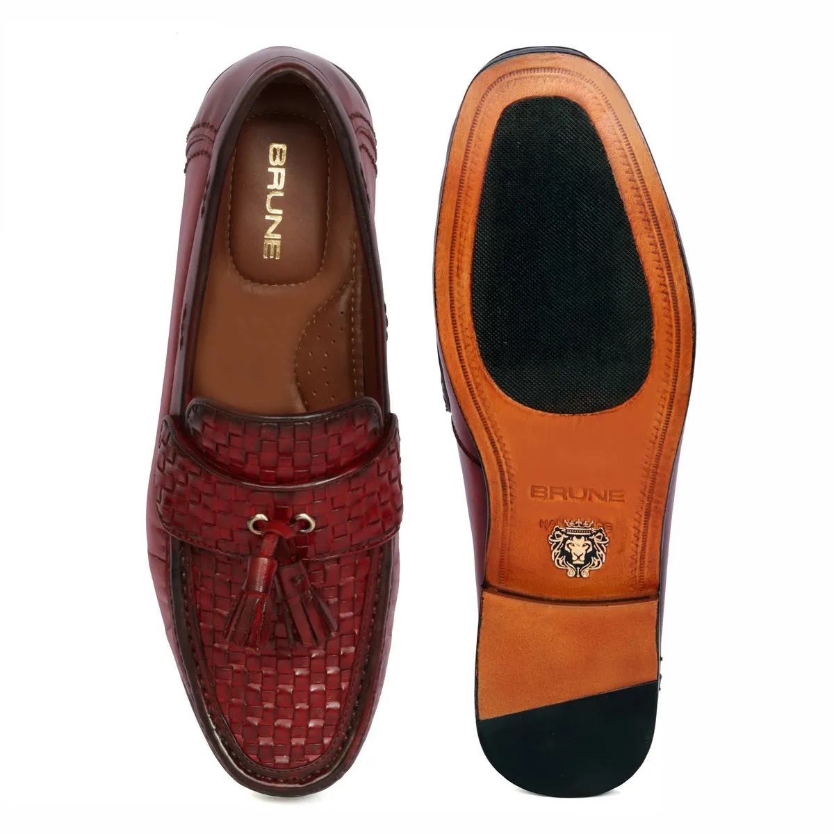 Wine Leather Loafers with Weaved Vamp & Tassel With Leather Sole