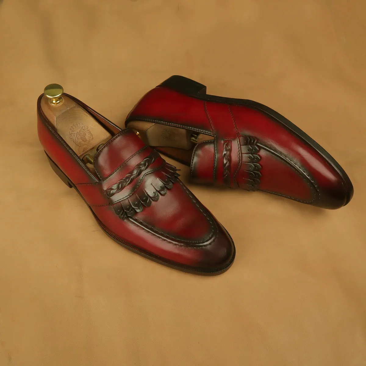 Wine Leather Slip-On Loafers with Dual Fringes Weaved Strip By Brune & Bareskin