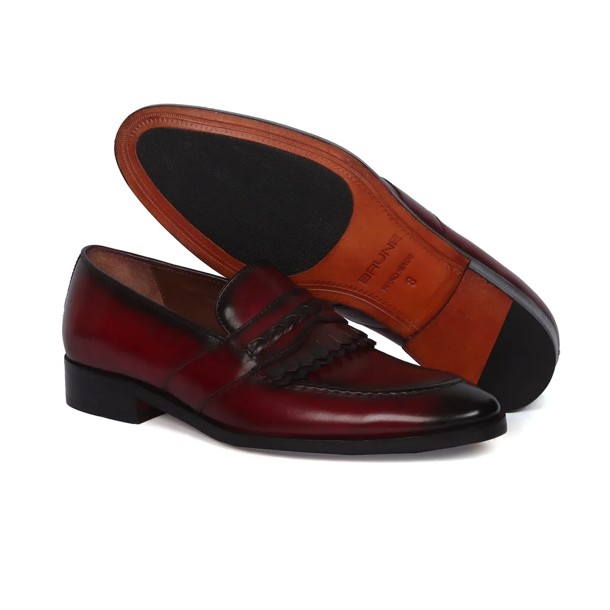 Wine Leather Slip-On Loafers with Dual Fringes Weaved Strip By Brune & Bareskin