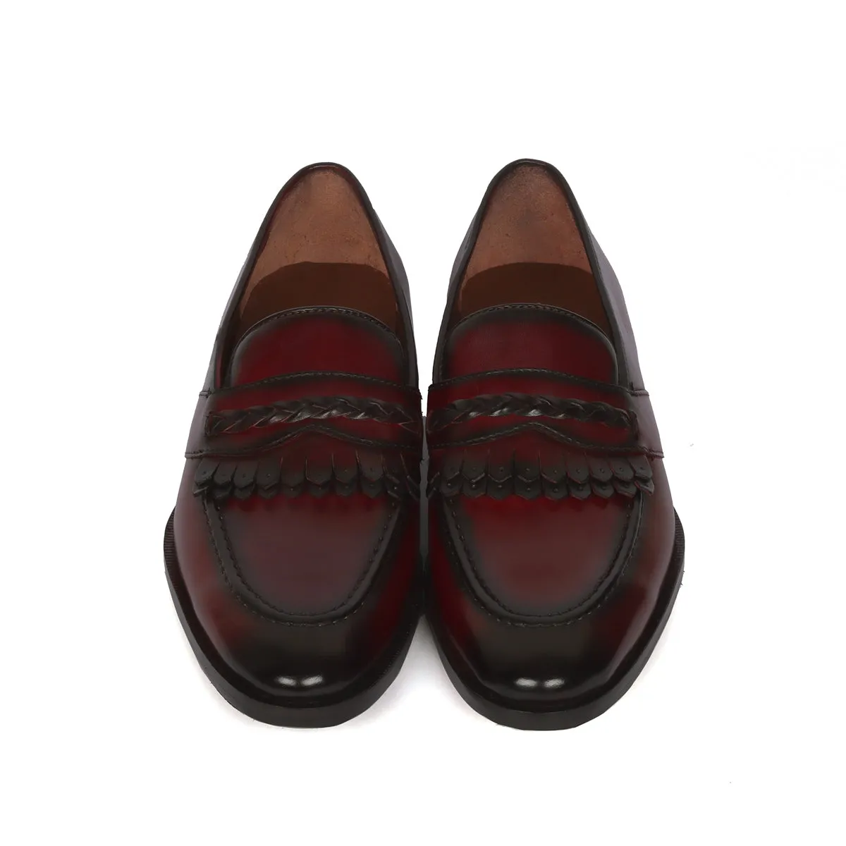 Wine Leather Slip-On Loafers with Dual Fringes Weaved Strip By Brune & Bareskin